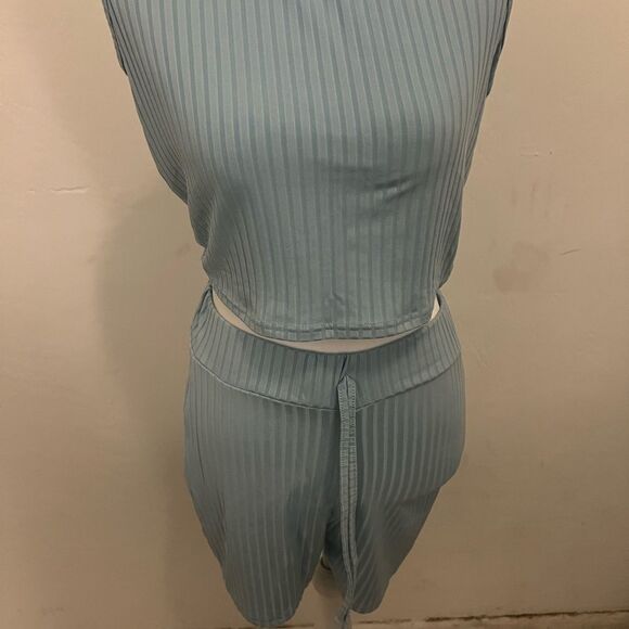 Light Blue Striped Crop Top and Shorts Set - Picture 1 of 7